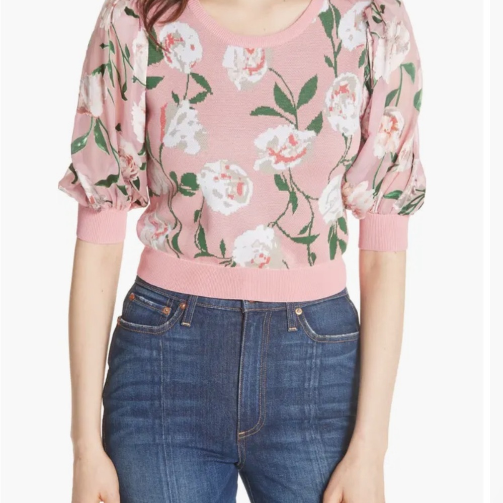 Alice + Olivia Brady Floral Puff Crop Crew Neck Sweater